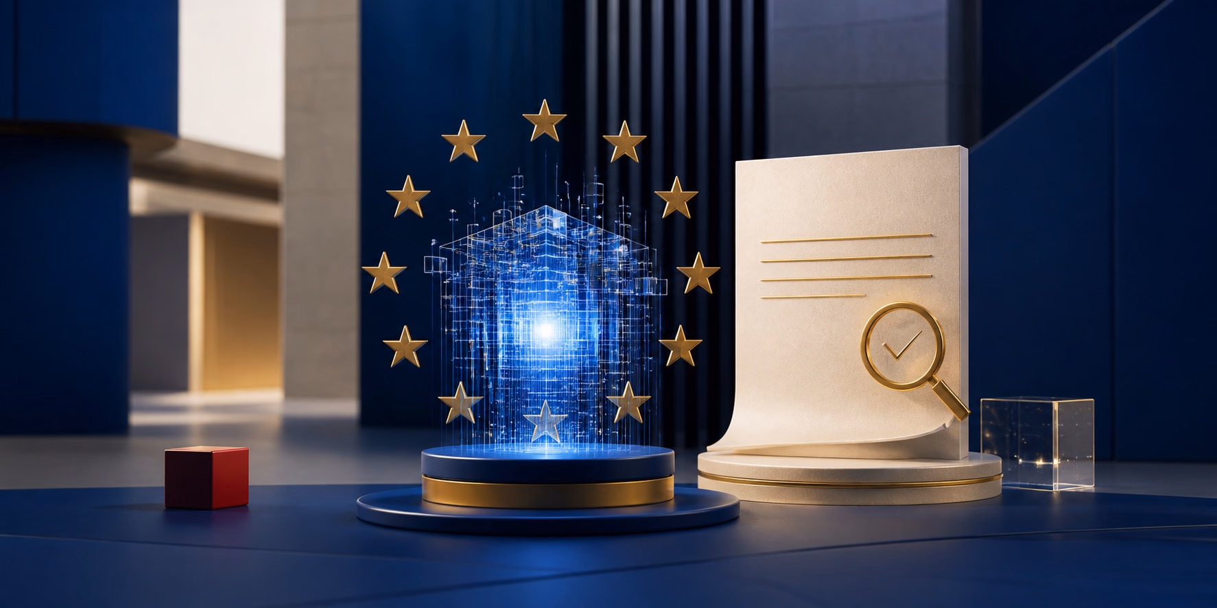 Abstrakte Darstellung von EU-Regulierung, KI und der Prüfung digitaler Inhalte