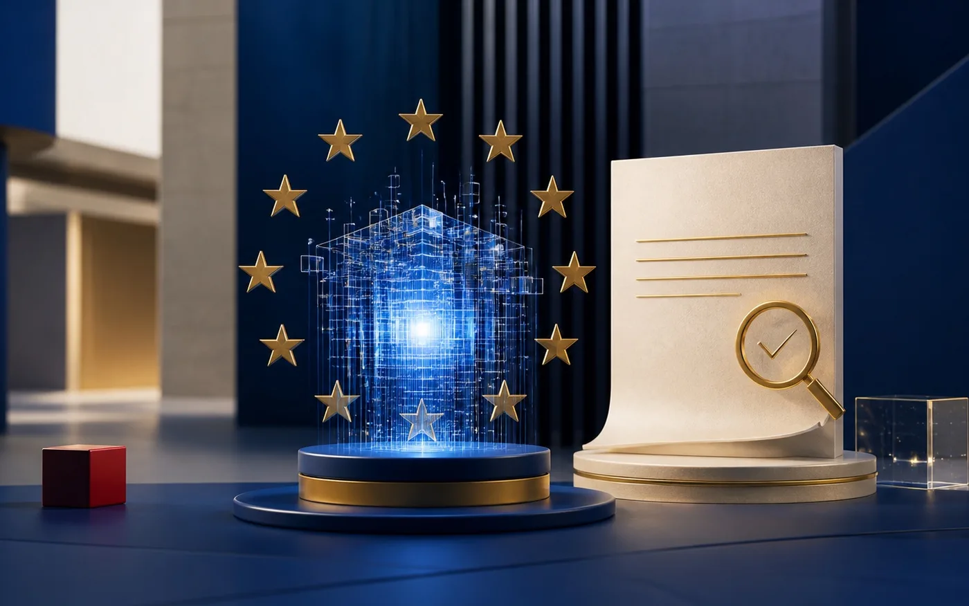 Abstrakte Darstellung von EU-Regulierung, KI und der Prüfung digitaler Inhalte